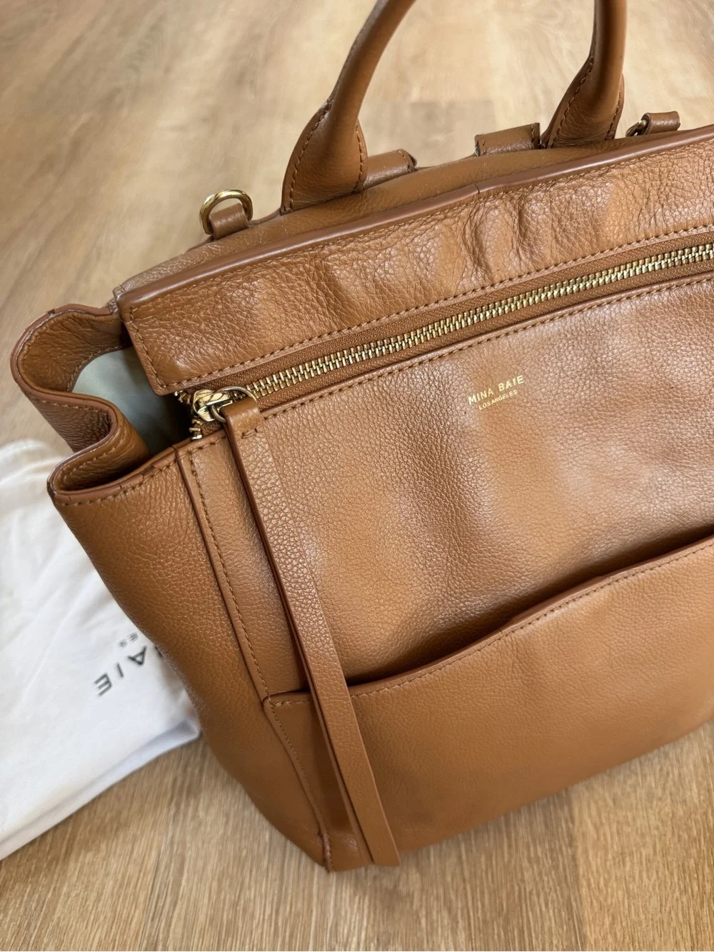 Mina Baie harper midi leather diaper bag backpack tan gold